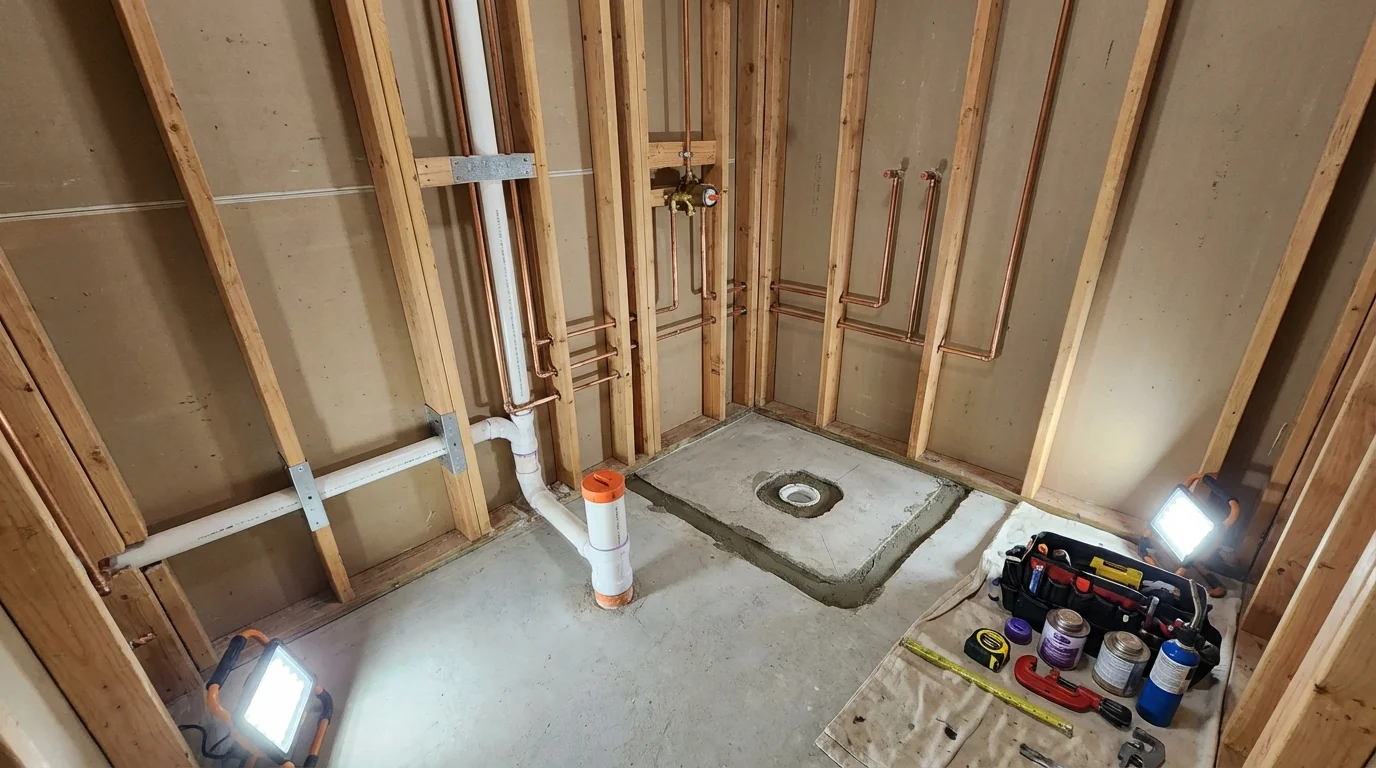 Bathroom rough-in plumbing during remodel by Johns Plumbing LLC in Lannon