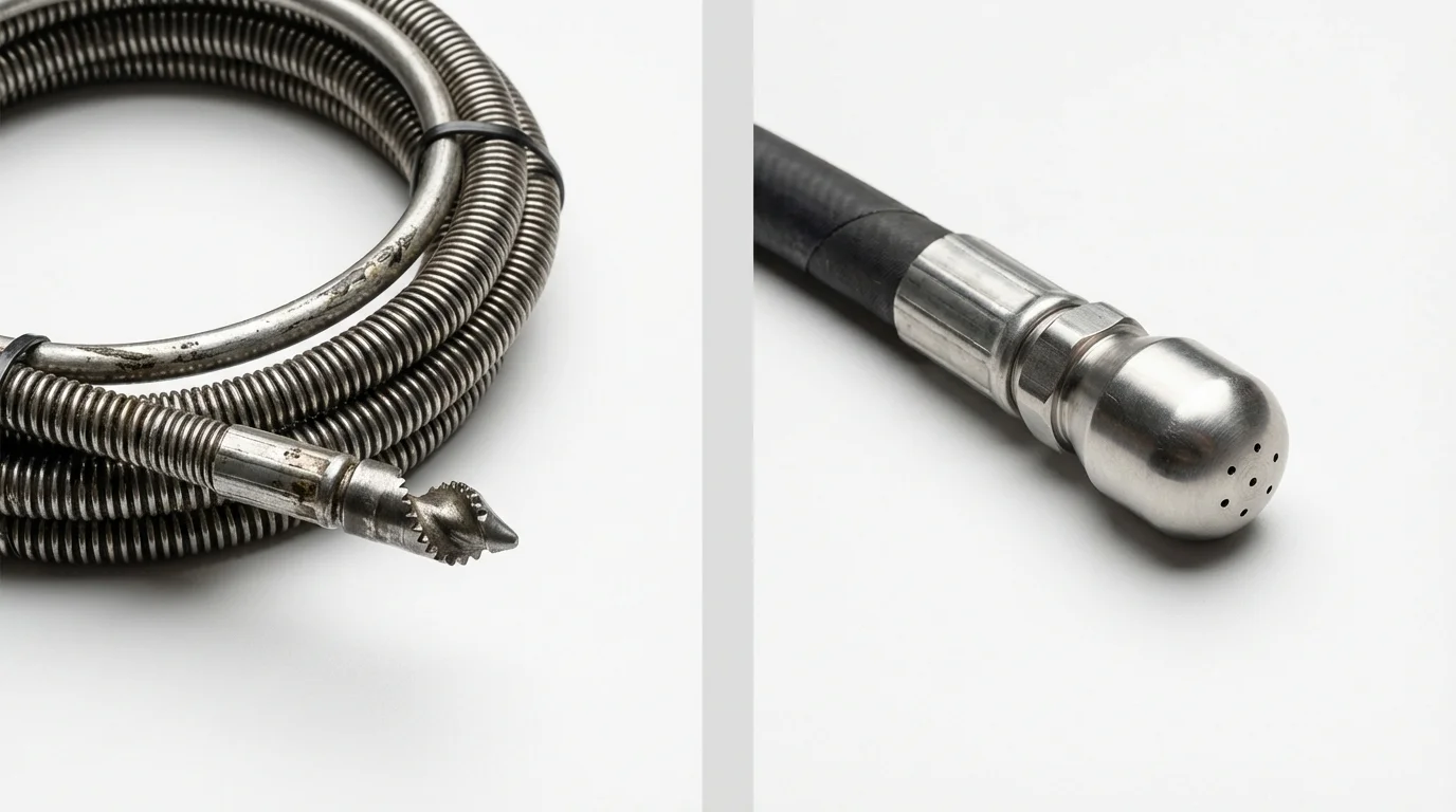 Drain snake cable and hydro jetting nozzle used for drain cleaning in Lannon, WI