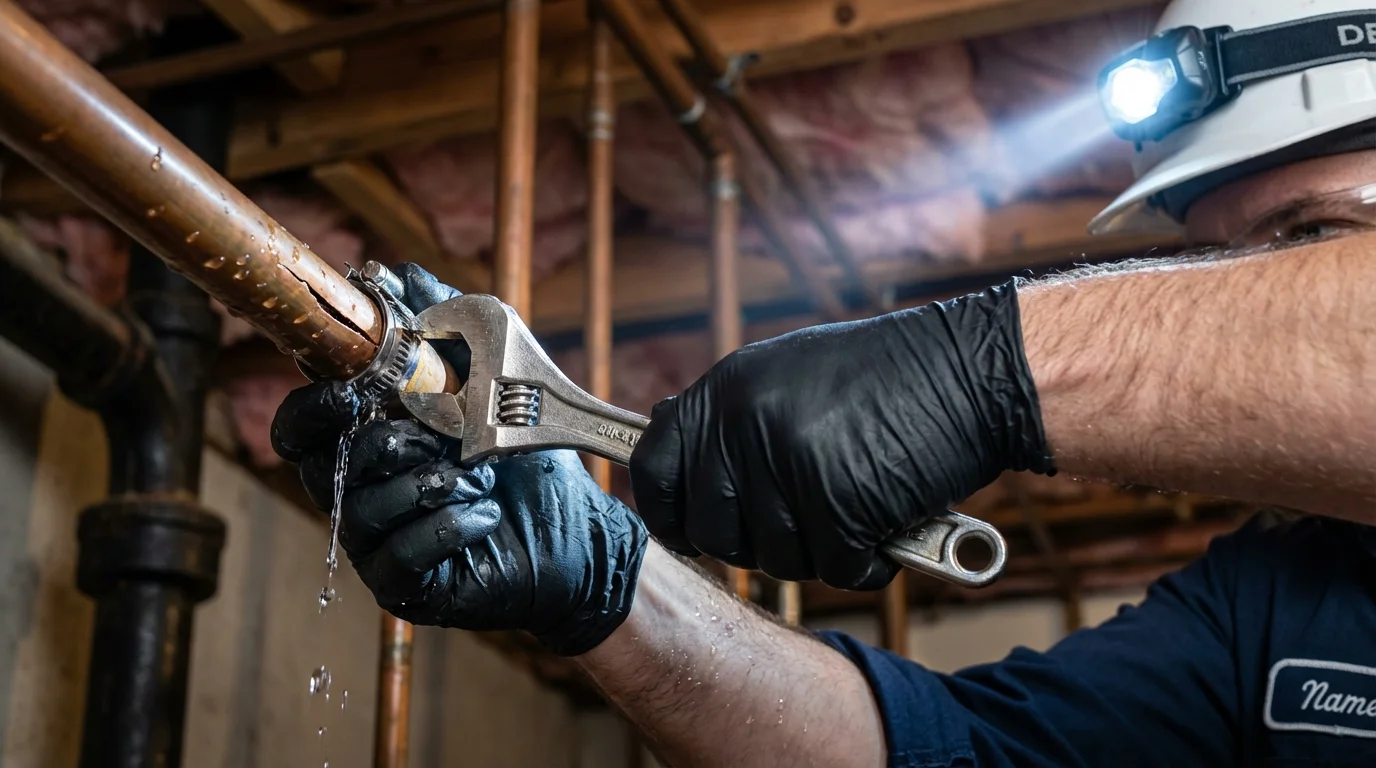 Emergency pipe clamp repair being performed by a Johns Plumbing LLC plumber in Lannon