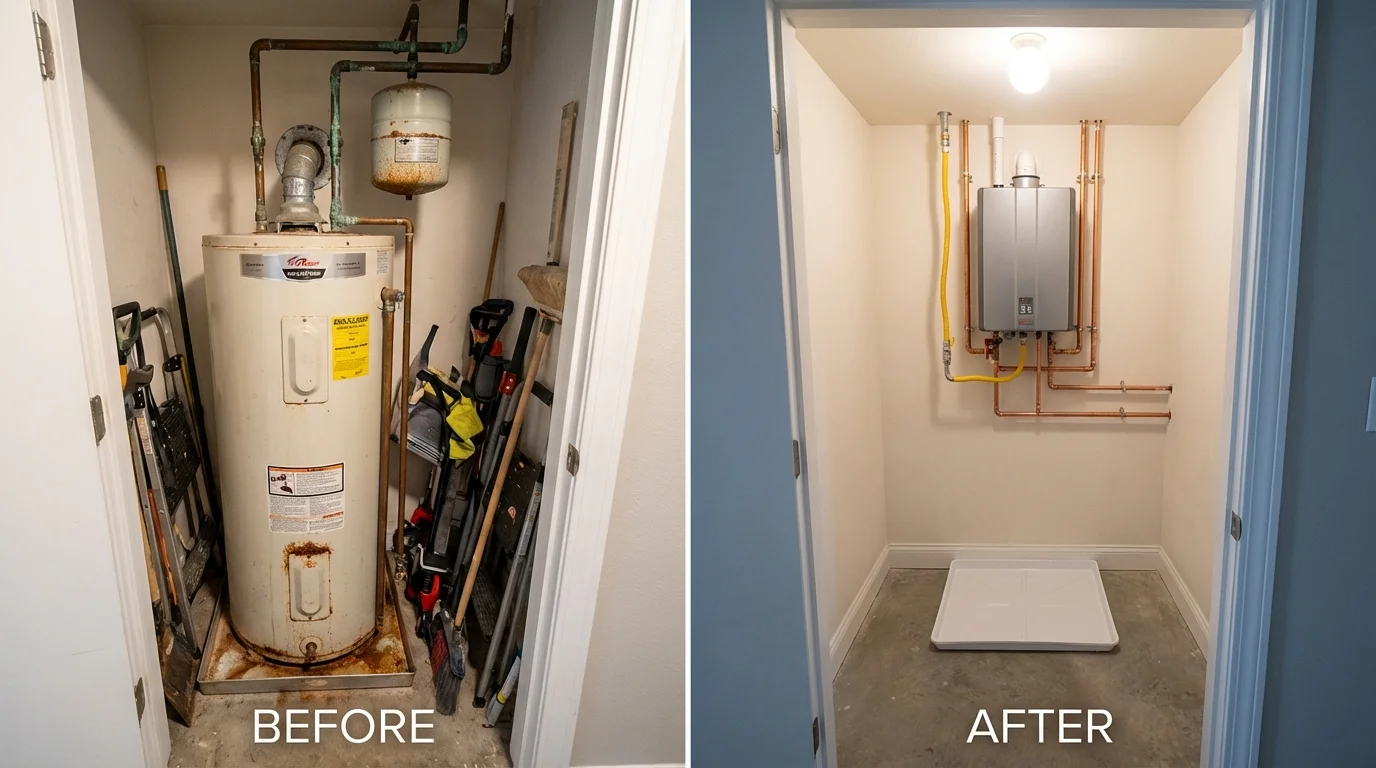 Tank water heater versus wall-mounted tankless unit comparison for Lannon, WI homeowners