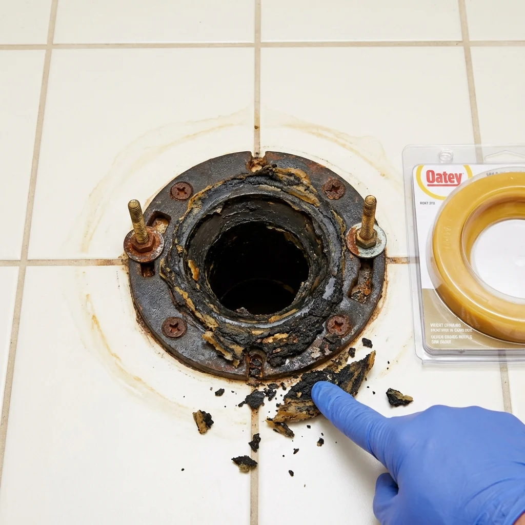 Failed wax ring showing water seepage at the base of a toilet in a Lannon, WI home