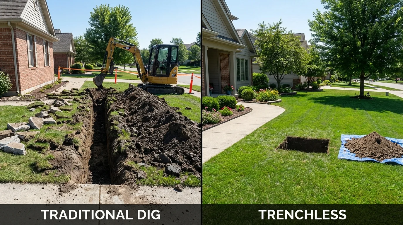 Trenchless sewer repair with minimal yard damage versus traditional excavation in Lannon, WI