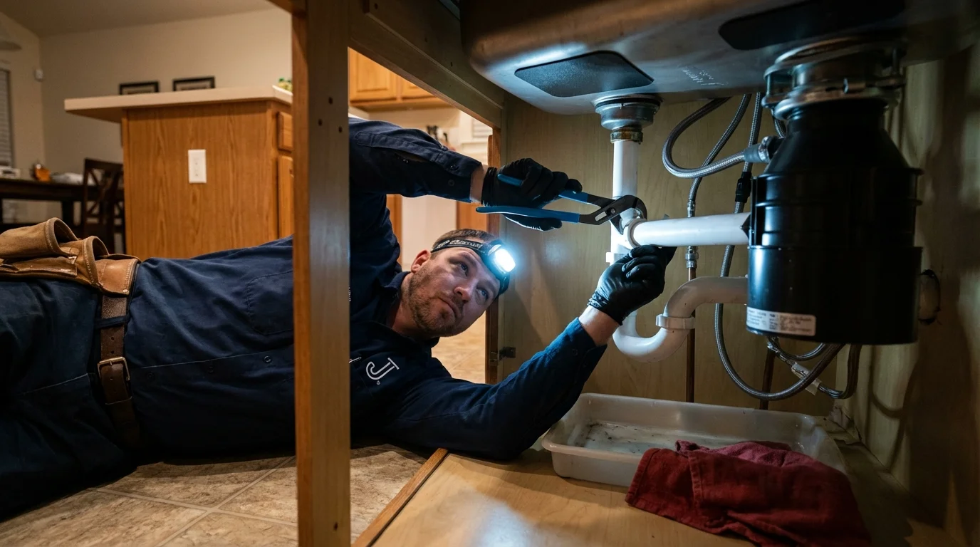 P-trap and supply line connections under a kitchen sink showing a common leak point in Lannon, WI
